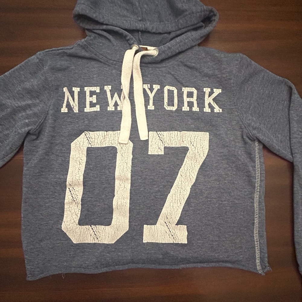 Copper Key Blue 'New York 07' Cropped Hooded Sweatshirt with Cream Drawstrings